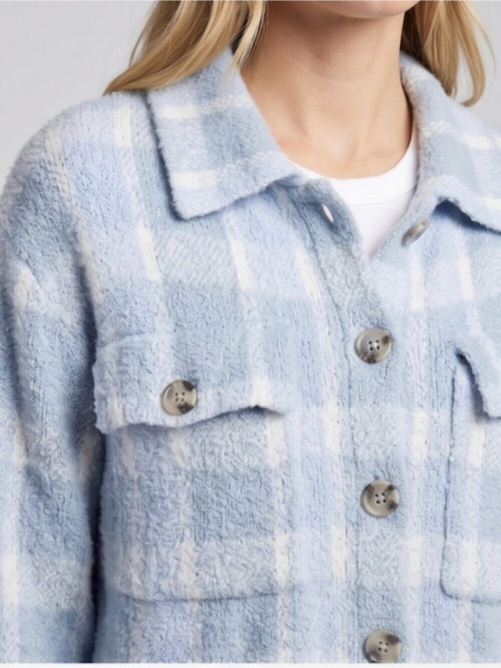 William Rast Light Blue & White Plaid Textured Button-Front Sweater L - Picture 3 of 6